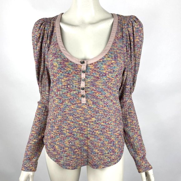 Anthropologie Tops - Anthropologie Puff-Sleeved Knit Henley Top Women S NWT Stretch Scoop Neck Purple